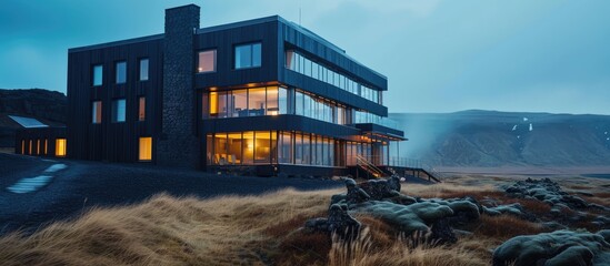 Poster - A black building with a multitude of windows along its side, located on the Snaefellsnes Peninsula.