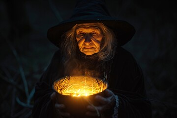 Vieille sorcière préparant une potion dans un chaudron » IA générative
