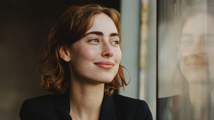 Wall Mural - Smiling young caucasian business woman head shot portrait. Thoughtful millennial businesswoman looking away with pensive face, dreaming, thinking over project tasks, future lifestyle