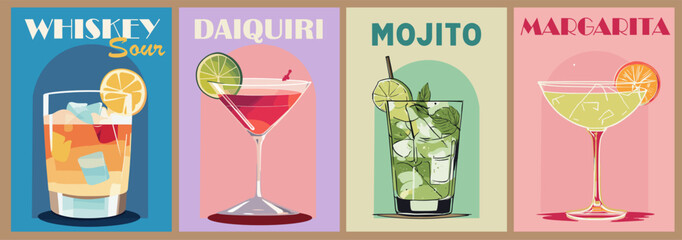 Cocktails retro poster set. Mojito, Whiskey Sour, Daiquiri, Margarita. Collection of popular alcohol drinks. Vintage vector illustrations for bar, pub, restaurant decoration, kitchen wall art print.