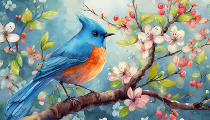 Wall Mural - blue bird on a branch in the spring, art design