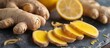 Close-up view of freshly sliced ginger with lemon, used in cooking and natural remedies