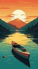 A Boat On A Lake Warm Tones, Mountainous Vistas