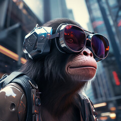 Poster - Ape with cyber glasses in futuristic city