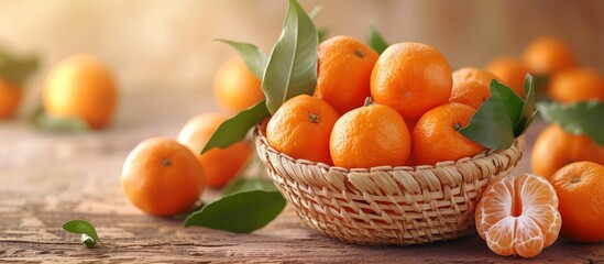 Wall Mural - Fresh ripe oranges in a wicker basket with green leaves and a tangy aroma