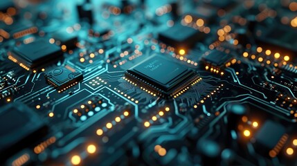 Poster - Background in the form of a microchip board. AI generative.