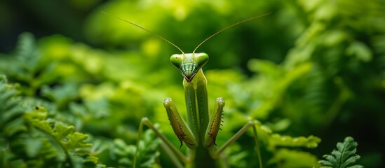 An insect, the praying mantis, is perched on a Terrestrial plant, specifically a green one. This scene captures a beautiful moment in a natural landscape, perfect for macro photography