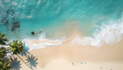 Aerial top view on sand beach, palm tree and ocean, drone photo of a beach, aerial shot