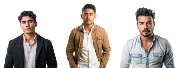 Three young Latin American man portraits over isolated transparent background