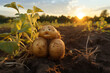 Glückliche Kartoffel auf dem Feld, lustiges Gesicht, sonniges Feld bei der Ernte