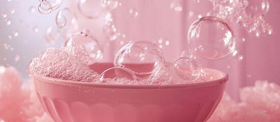 Wall Mural - Liquid in the form of soap bubbles is emerging from a pink Drinkware bowl on the Tableware