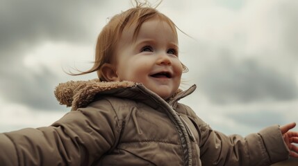 Wall Mural - Portrait of cute little girl on the background of cloudy sky.