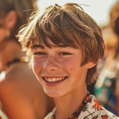 Portrait of a boy smiling at the camera on the beach.