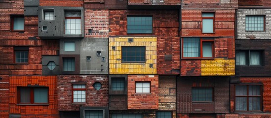 Poster - This photo showcases a very tall building featuring numerous windows, with a captivating display of diverse structures created using various combinations of brick and cement.