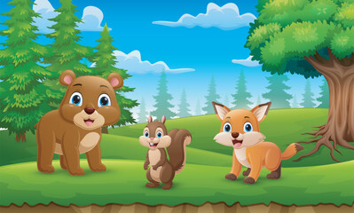 Wall Mural - Cute wild animals cartoon in the jungle