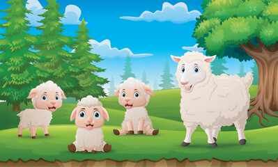 Sticker - Cute sheep cartoon in the forest