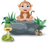 Fototapeta Dinusie - Cute monkey cartoon sitting on the stone