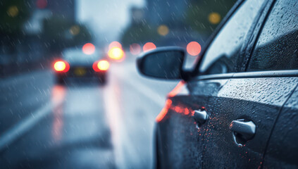 Wall Mural - Rain-soaked street, blurred lights, and a red car through the wet windshield in a city traffic jam.