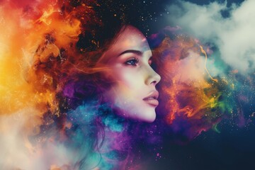 Wall Mural - Female profile with fiery and cosmic elements