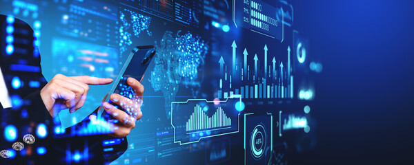 Poster - Businesswoman finger touch phone, financial research. Ai generative illustration
