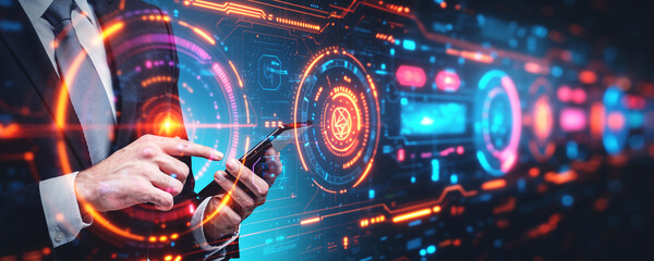 Poster - man with phone and abstract futuristic circles. ai generative illustration