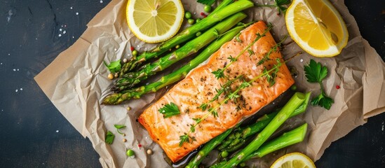 Wall Mural - A top view of a piece of salmon and green asparagus with herbs and lemon placed on a sheet of wax paper.