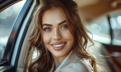 Wall Mural - A beautiful business woman is sitting in a car