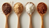 Fototapeta  - Variety of natural sugars displayed in wooden spoons for healthy sweetening alternatives