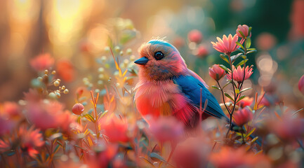 Canvas Print - Colorful bird in flowers 