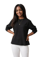 Wall Mural - Young black woman in casual clothes smiling and looking at the camera, isolated, transparent background, no background. PNG.