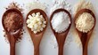 Variety of natural sugars displayed in wooden spoons for healthy sweetening alternatives