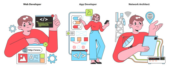 Poster - illustration of tech experts, featuring a focused web developer, a creative app developer, and a str