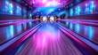 Neon lights cast vibrant glows on bowling alley lanes during cosmic play