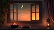 arabic lantern with burning candle and bowl of fresh dates in front of open window islamic shades, crescent moon and stars, realistic, copy space - generative ai