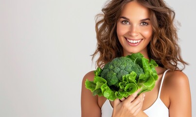 A healthy woman with a smile and glowing eyes holding a green vegetables