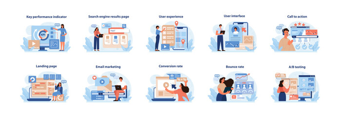 Poster - Digital Marketing Essentials Vector Illustrations. Engaging visuals depicting key digital.