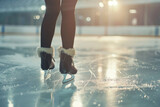 Full body shot of an beautiful female figure skater wearing black leotard is practicing her skate routines in a stadium...
