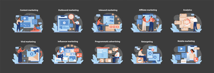 Poster - Digital Marketing Strategies Set. Vibrant illustrations depicting diverse online marketing.