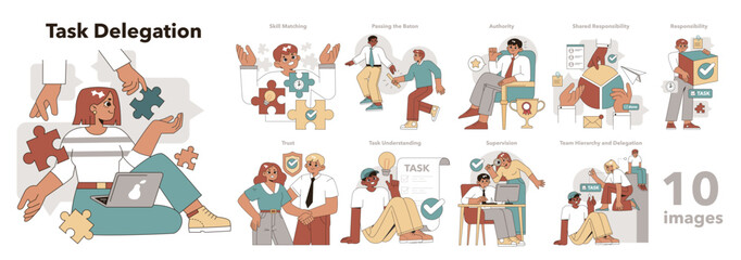 Poster - Task Delegation set. Vector illustration.