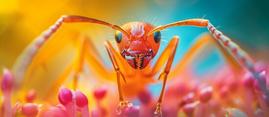 Wall Mural - Closeup image of an Arthropod, sitting on a Plants Petal. The Insect is a Pollinator, not a Pest or Parasite. A beautiful moment in nature showcasing this tiny Organism on the vibrant Flower