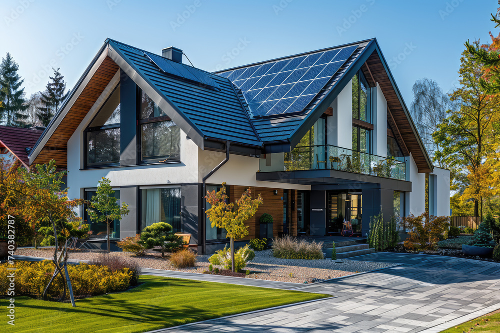 New suburban house with a photovoltaic system on the roof. Modern eco ...