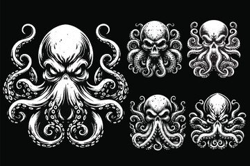 Wall Mural - Set Dark Art Octopus Beast tentacles squid skull horror Tattoo Grunge Vintage Style illustration