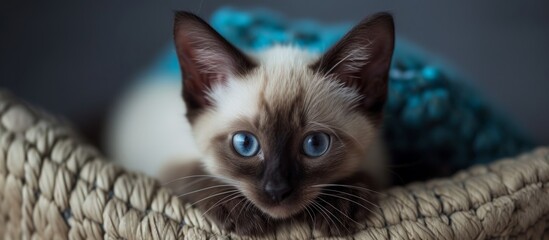 Wall Mural - Majestic cat with stunning blue eyes seated gracefully inside a woven basket