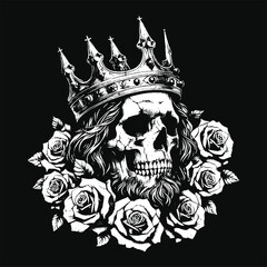 Wall Mural - Dark Art Skull King Crown Throne with Roses Vintage Grunge Tattoo illustration black white