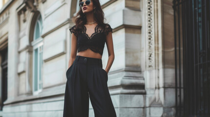 Poster - A black lace crop top paired with highwaisted wideleg trousers creating an effortlessly chic and puttogether look.