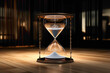 A futuristic 3D-rendered hourglass, suspended in mid-air above a contemporary table, symbolizing the passage of time