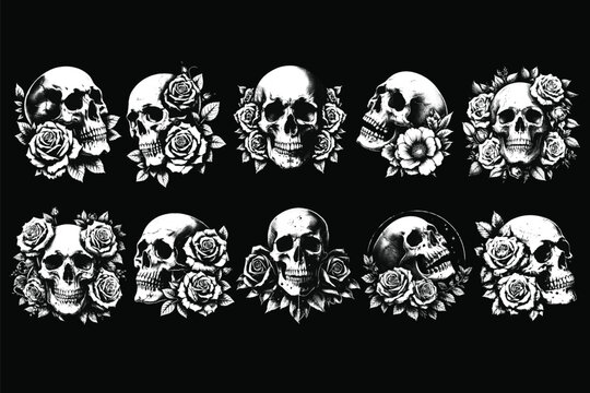 Set Bundle Dark Art Skull Roses Flower Death Horror Grunge Vintage Tattoo illustration Black White