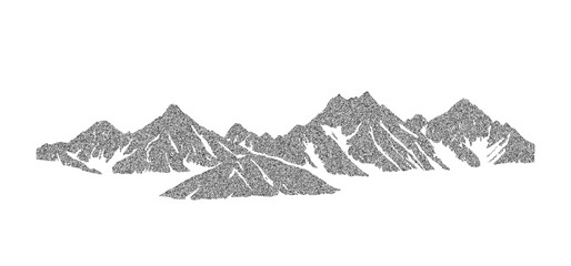 Poster - Stippled grunge mountain range illustration. Dotted landscape terrain silhouette. Black and white grainy hill chain. Grain noise mount peaks background. Ridge texture wallpaper. Dot work style vector