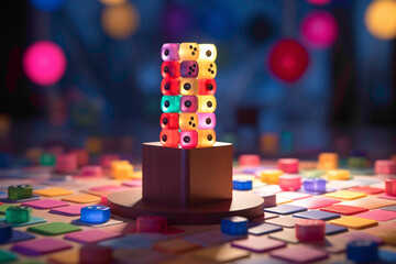 A ludo cube standing tall amidst a vibrant ludo board, surrounded by colorful game pieces. The soft ambient light highlights the details on the cube.