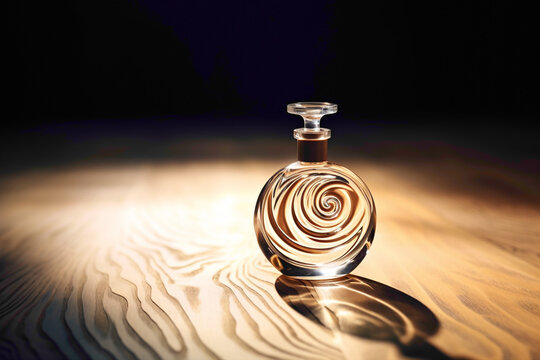 A minimalist glass perfume bottle, casting a soft shadow on a wooden table. The fragrance inside seems to dance with ethereal swirls.